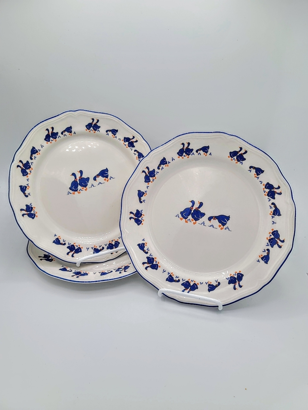 Hankook Blue Geese Dinner Plates Set 3 Cottagecore Farmhouse Kitchen Decor Vtg